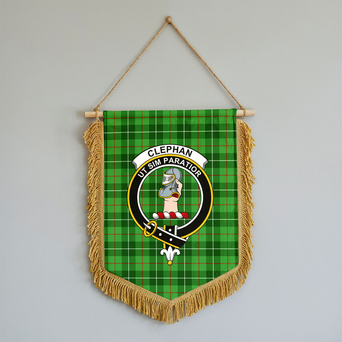 Clephan (or Clephane) Tartan Crest Wall Hanging Banner - Wood Pole