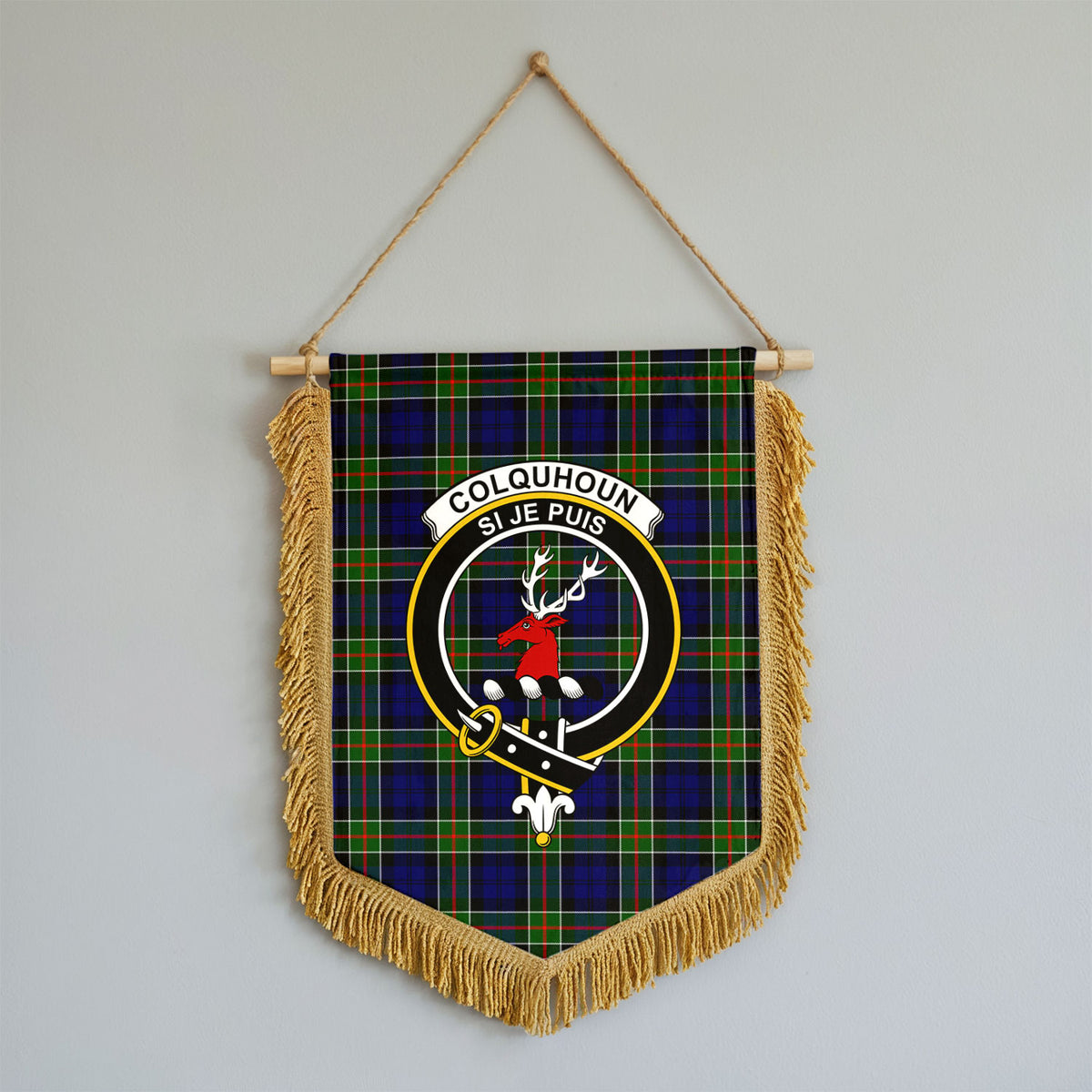Colquhoun Modern Tartan Crest Wall Hanging Banner - Wood Pole