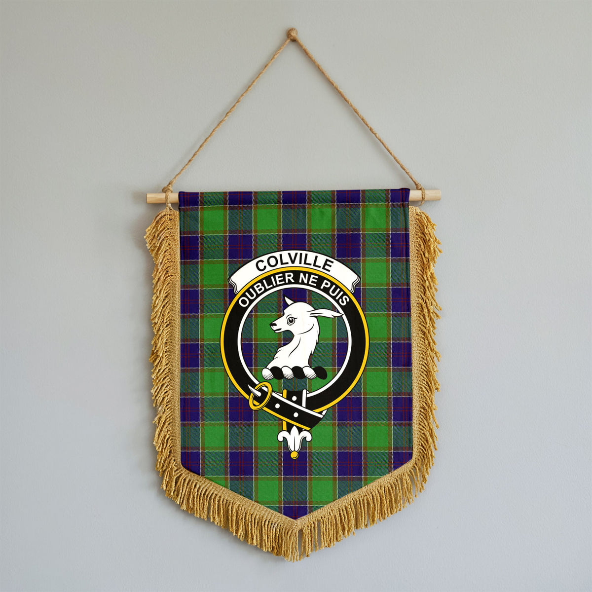 Colville Tartan Crest Wall Hanging Banner - Wood Pole