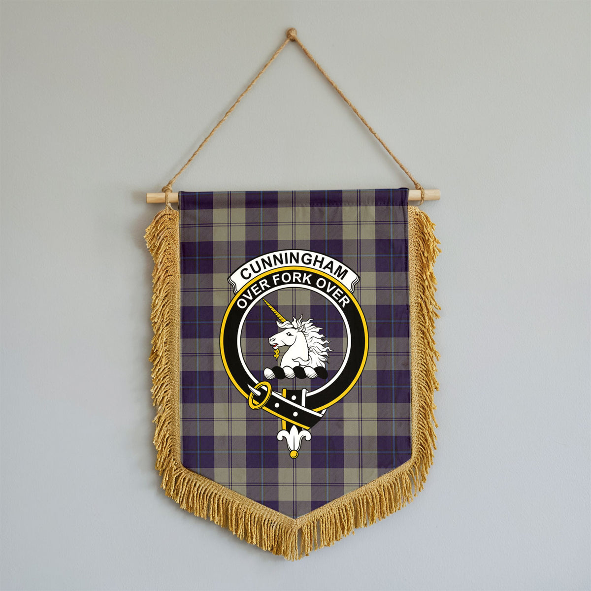 Cunningham Dress Blue Dancers Tartan Crest Wall Hanging Banner - Wood Pole