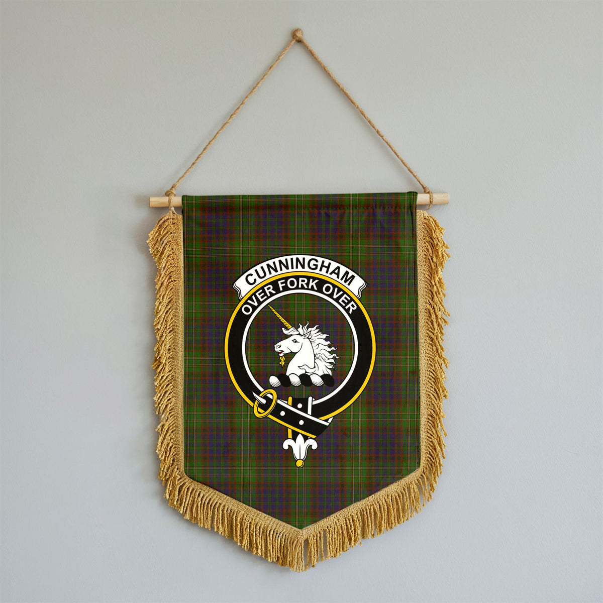 Cunningham Hunting Modern Tartan Crest Wall Hanging Banner - Wood Pole