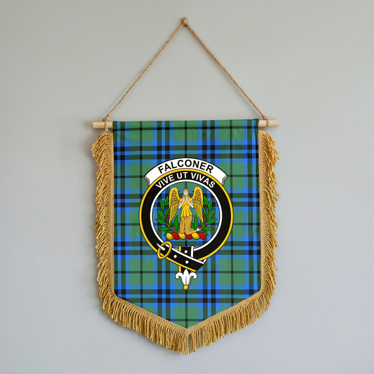 Falconer Tartan Crest Wall Hanging Banner - Wood Pole