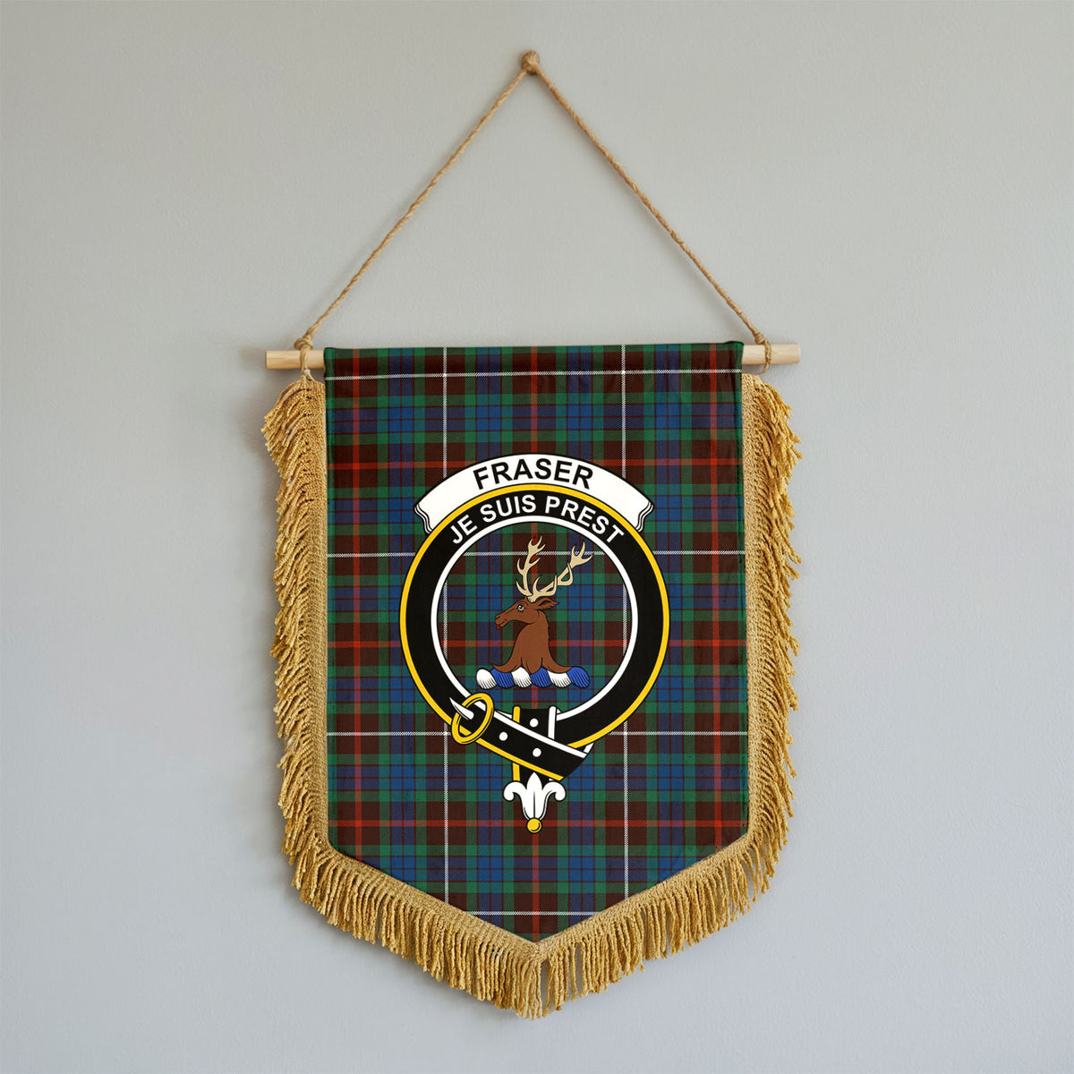 Fraser (of Lovat) Hunting Ancient Tartan Crest Wall Hanging Banner - Wood Pole
