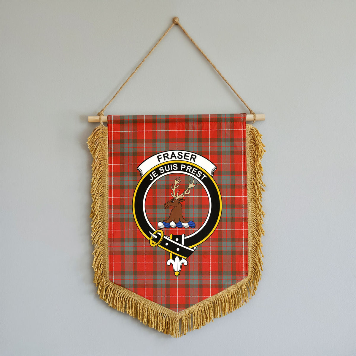 Fraser (of Lovat) Weathered Tartan Crest Wall Hanging Banner - Wood Pole