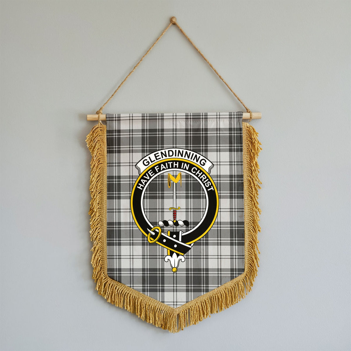 Glendinning Tartan Crest Wall Hanging Banner - Wood Pole
