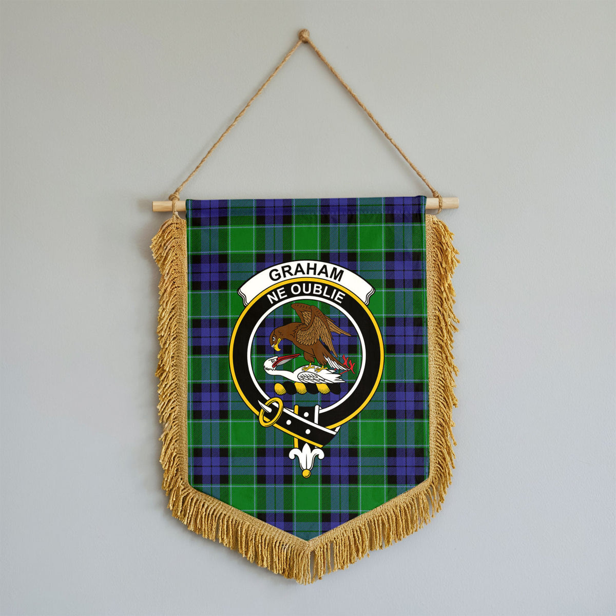 Graham of Menteith Modern Tartan Crest Wall Hanging Banner - Wood Pole