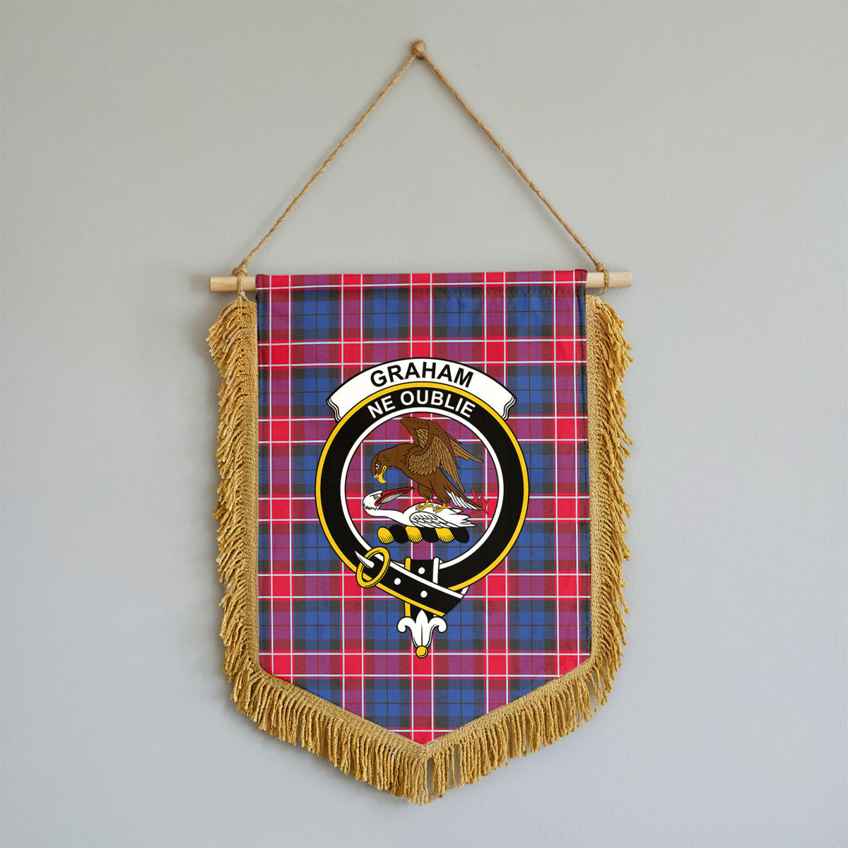 Graham of Menteith Red Tartan Crest Wall Hanging Banner - Wood Pole