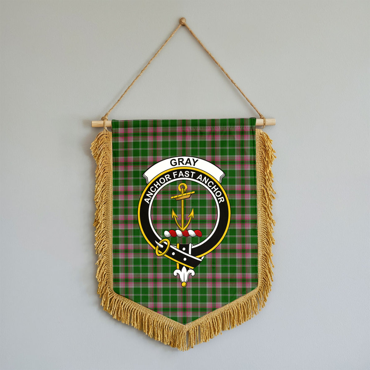 Gray Hunting Tartan Crest Wall Hanging Banner - Wood Pole