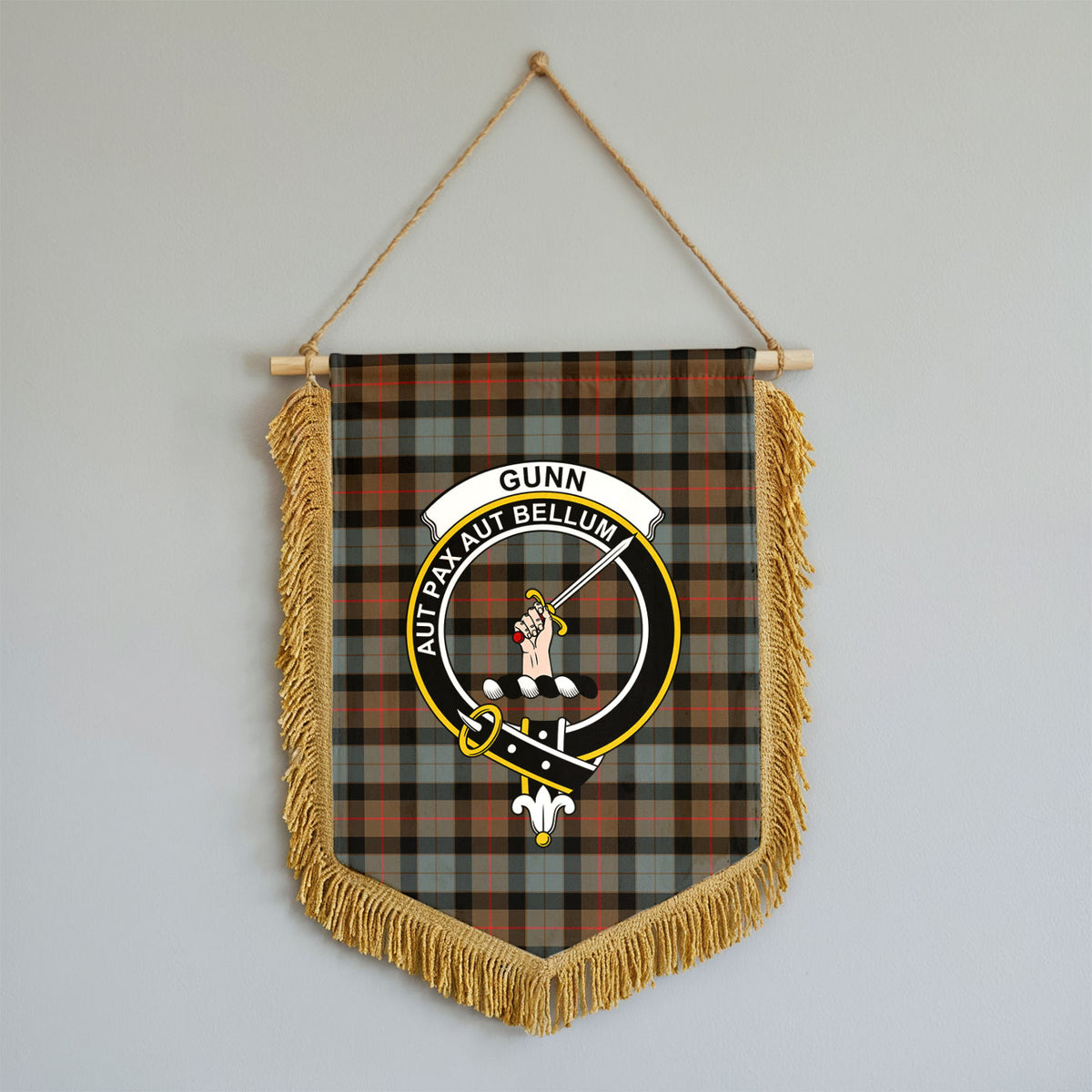 Gunn Weathered Tartan Crest Wall Hanging Banner - Wood Pole