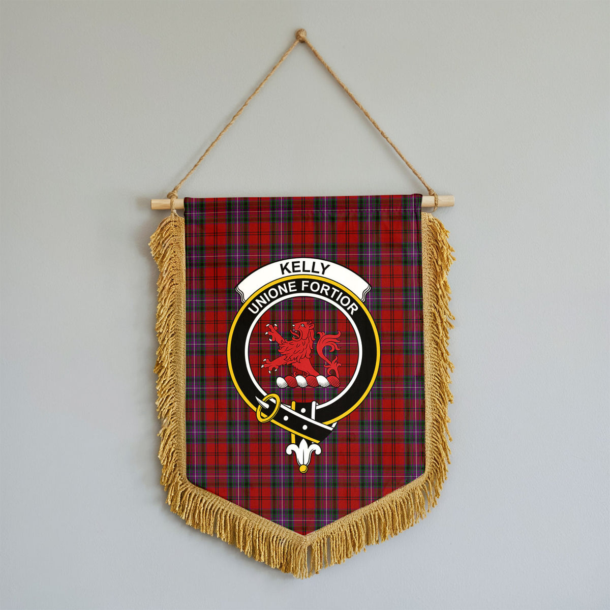 Kelly of Sleat Red Tartan Crest Wall Hanging Banner - Wood Pole