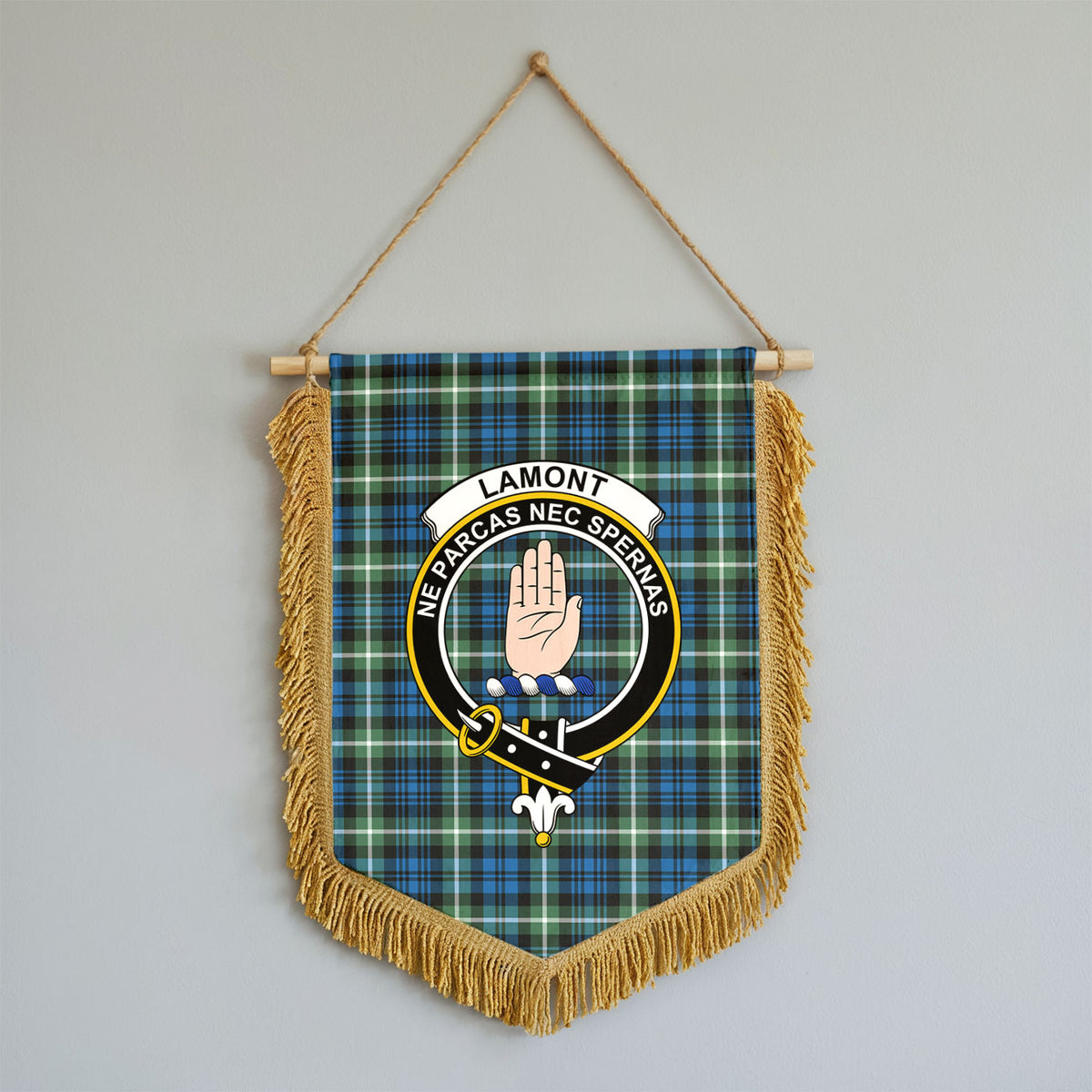 Lamont Ancient Tartan Crest Wall Hanging Banner - Wood Pole
