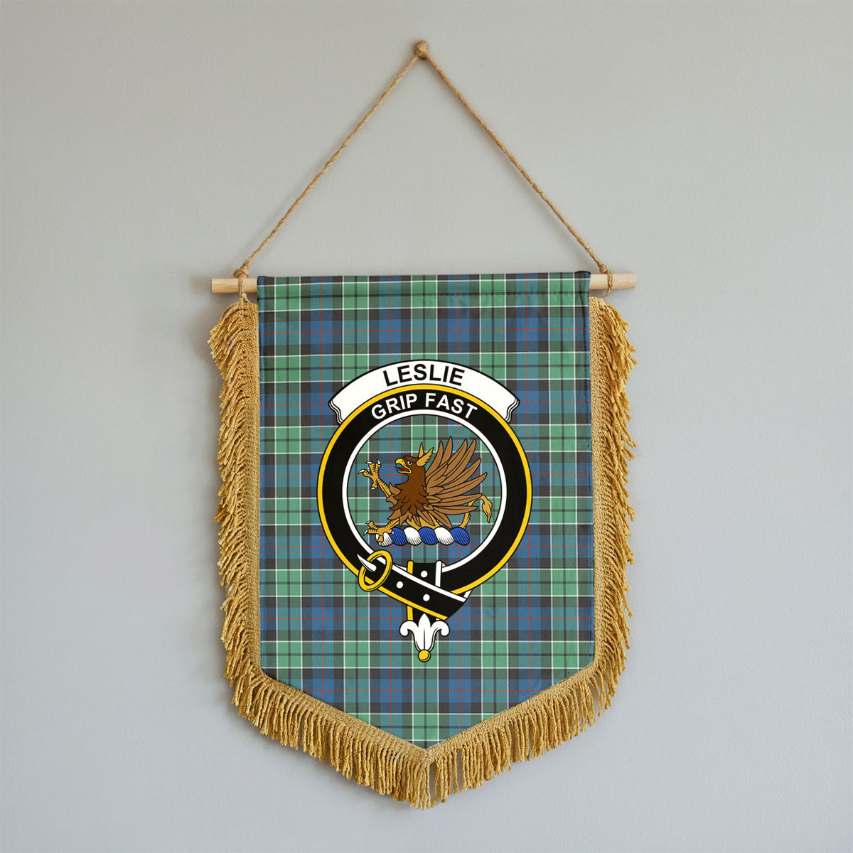 Leslie Hunting Ancient Tartan Crest Wall Hanging Banner - Wood Pole