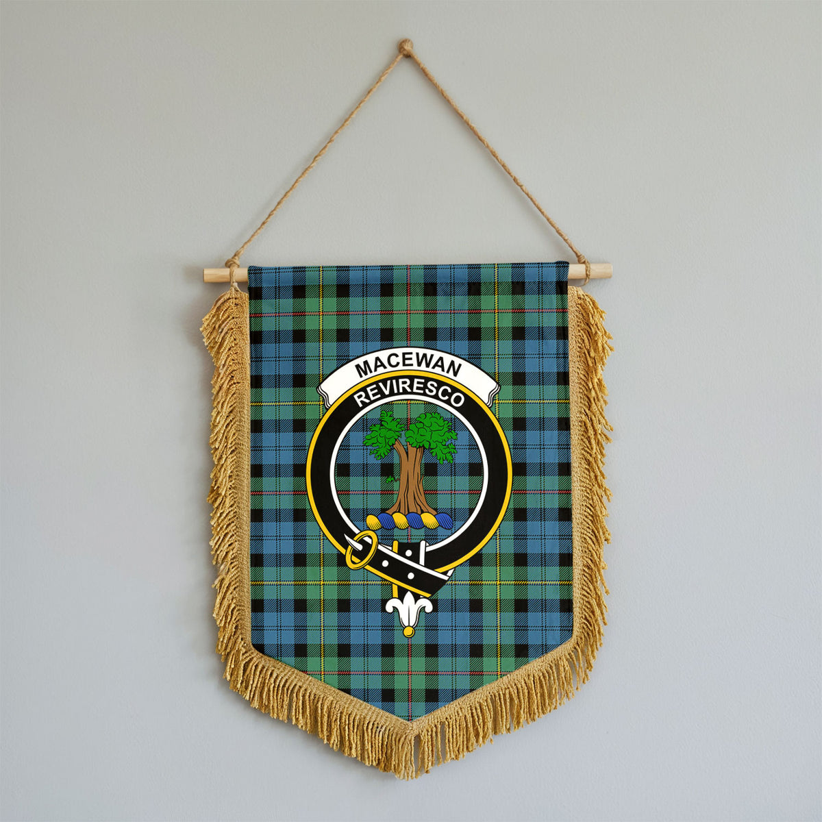 MacEwan Ancient Tartan Crest Wall Hanging Banner - Wood Pole