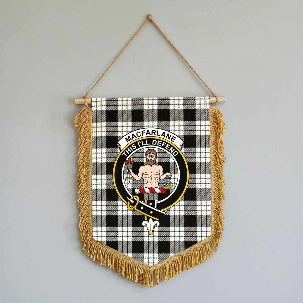 MacFarlane Black - White Tartan Crest Wall Hanging Banner - Wood Pole