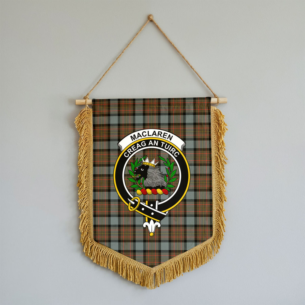 MacLaren Weathered Tartan Crest Wall Hanging Banner - Wood Pole