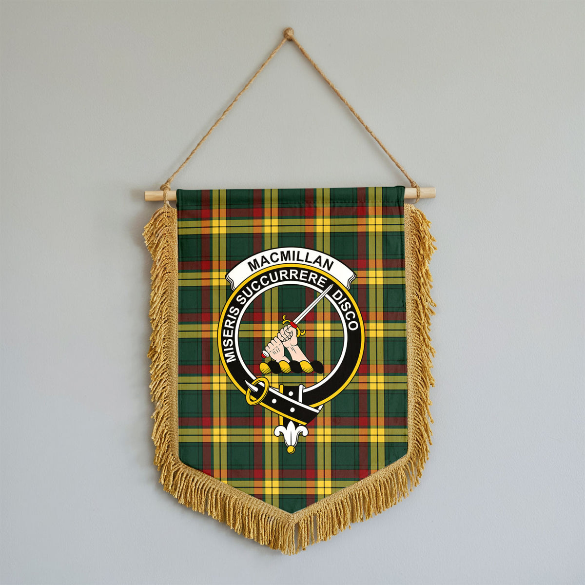 MacMillan Old Modern Tartan Crest Wall Hanging Banner - Wood Pole