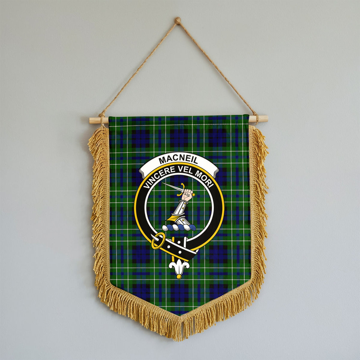 MacNeil of Colonsay Modern Tartan Crest Wall Hanging Banner - Wood Pole