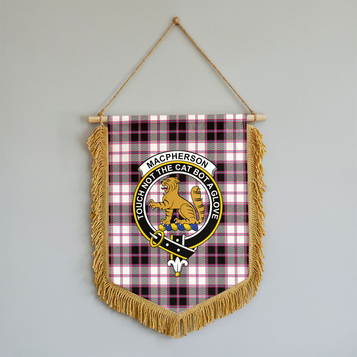 MacPherson Hunting Modern Tartan Crest Wall Hanging Banner - Wood Pole