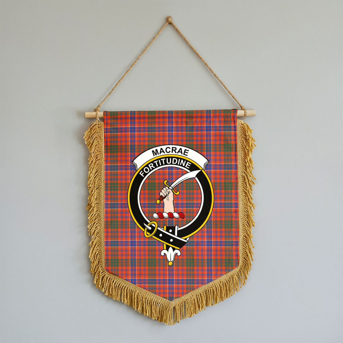 MacRae Ancient Tartan Crest Wall Hanging Banner - Wood Pole