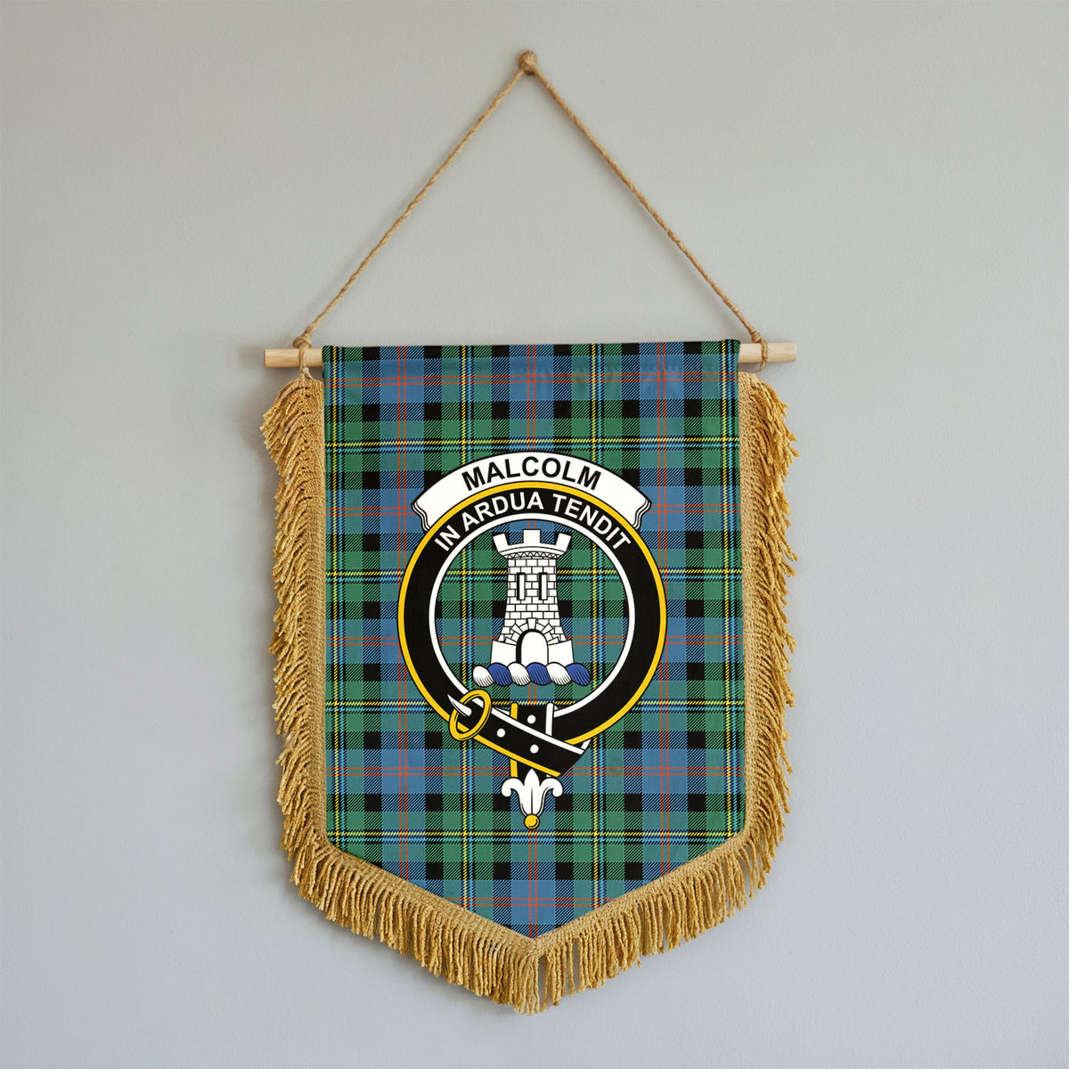 Malcolm Ancient Tartan Crest Wall Hanging Banner - Wood Pole
