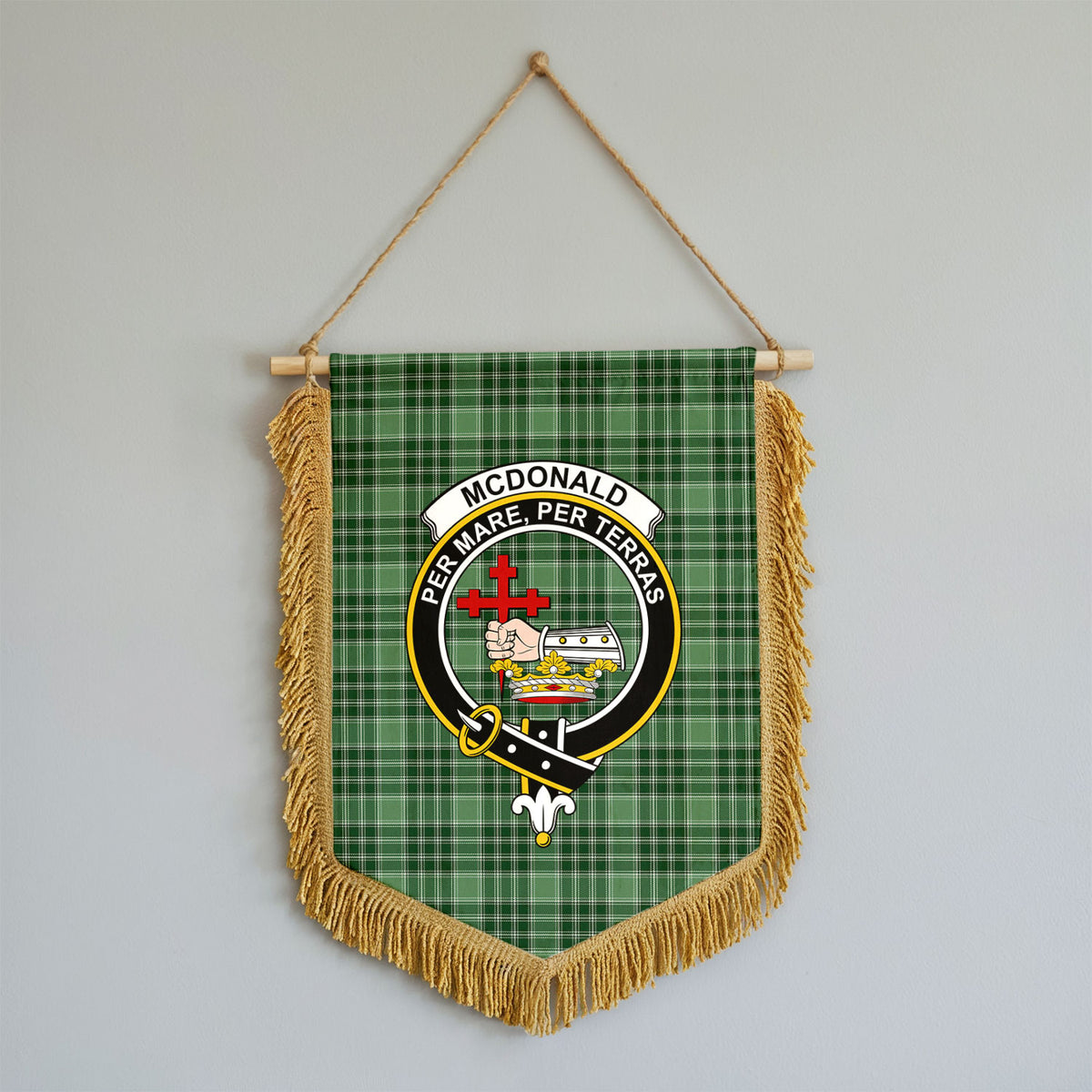 McDonald Lord of the Isles Hunting Tartan Crest Wall Hanging Banner - Wood Pole