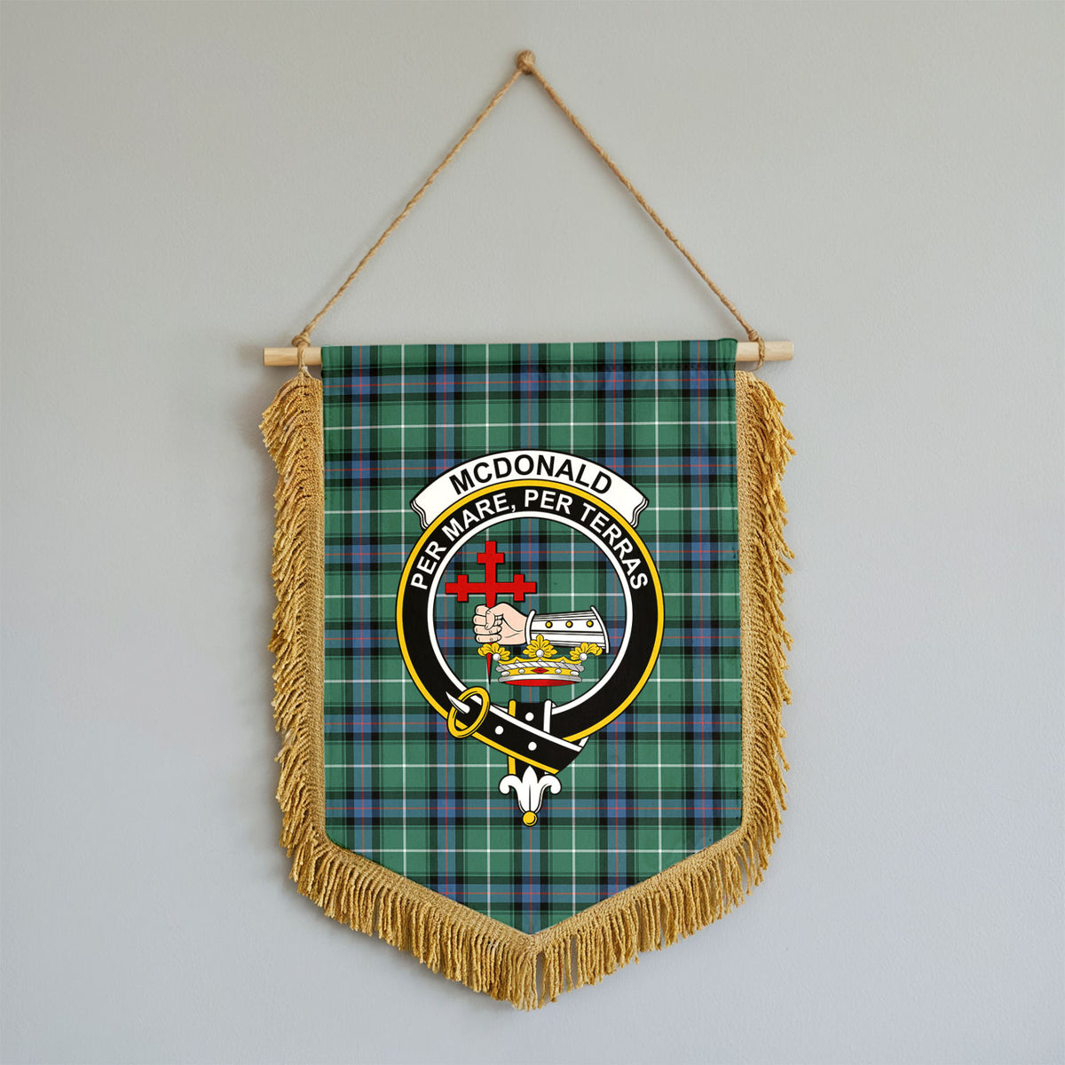 McDonald of the Isles Hunting Ancient Tartan Crest Wall Hanging Banner - Wood Pole