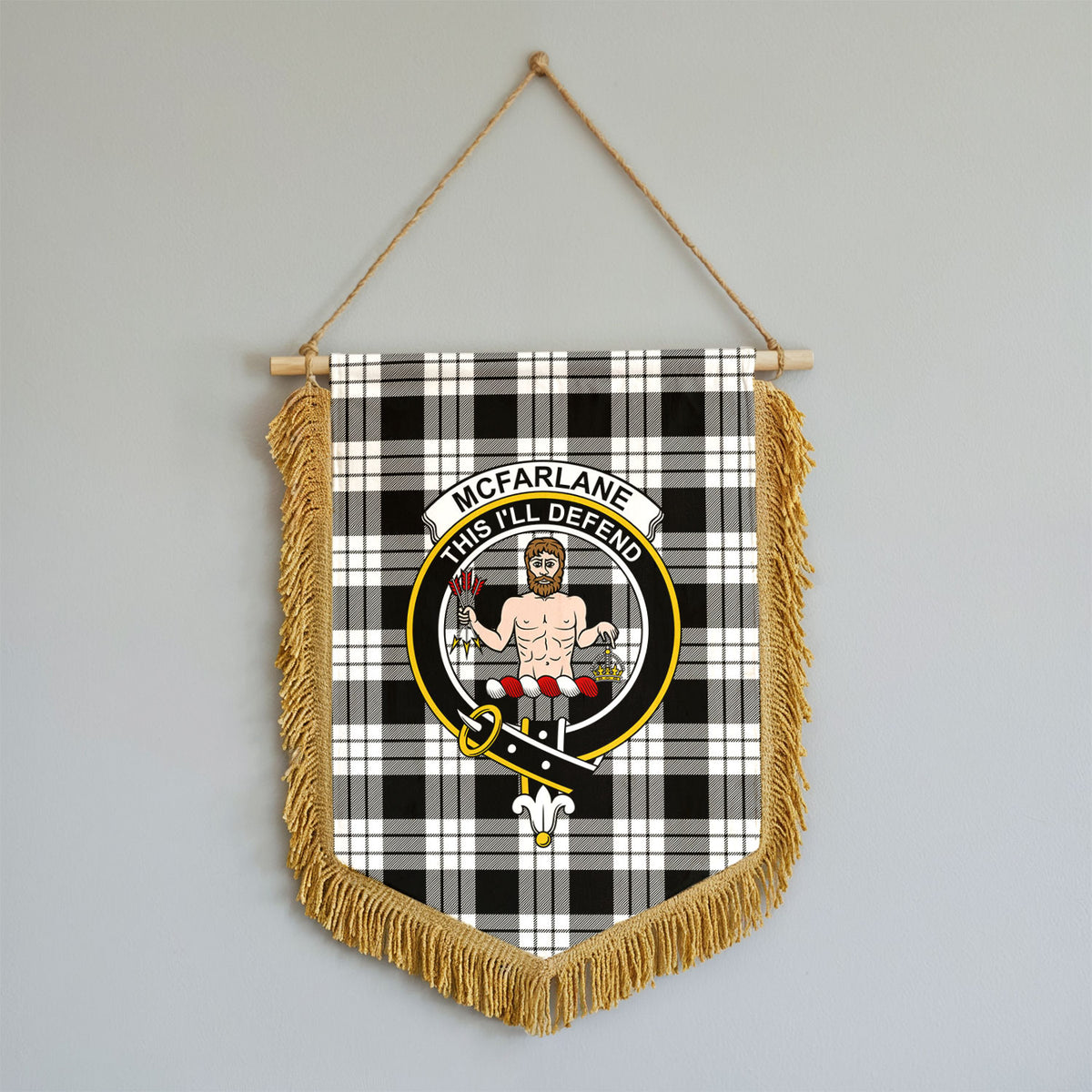 McFarlane Black - White Tartan Crest Wall Hanging Banner - Wood Pole