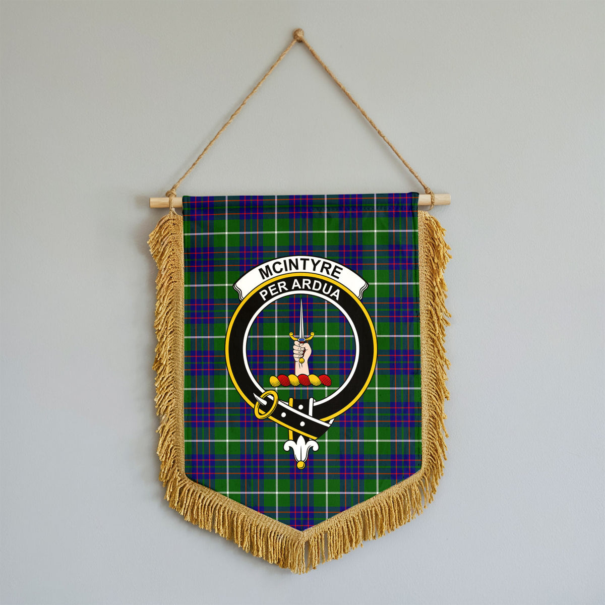McIntyre Hunting Modern Tartan Crest Wall Hanging Banner - Wood Pole