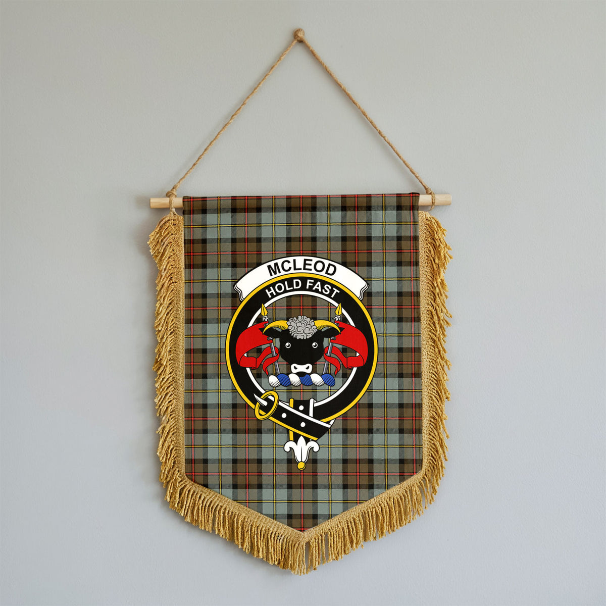 McLeod of Harris Weathered Tartan Crest Wall Hanging Banner - Wood Pole