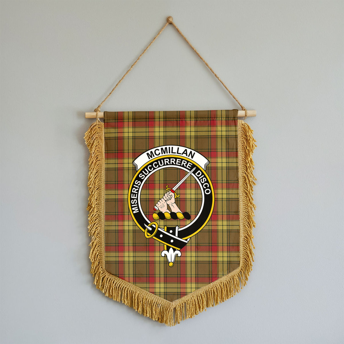McMillan Old Weathered Tartan Crest Wall Hanging Banner - Wood Pole