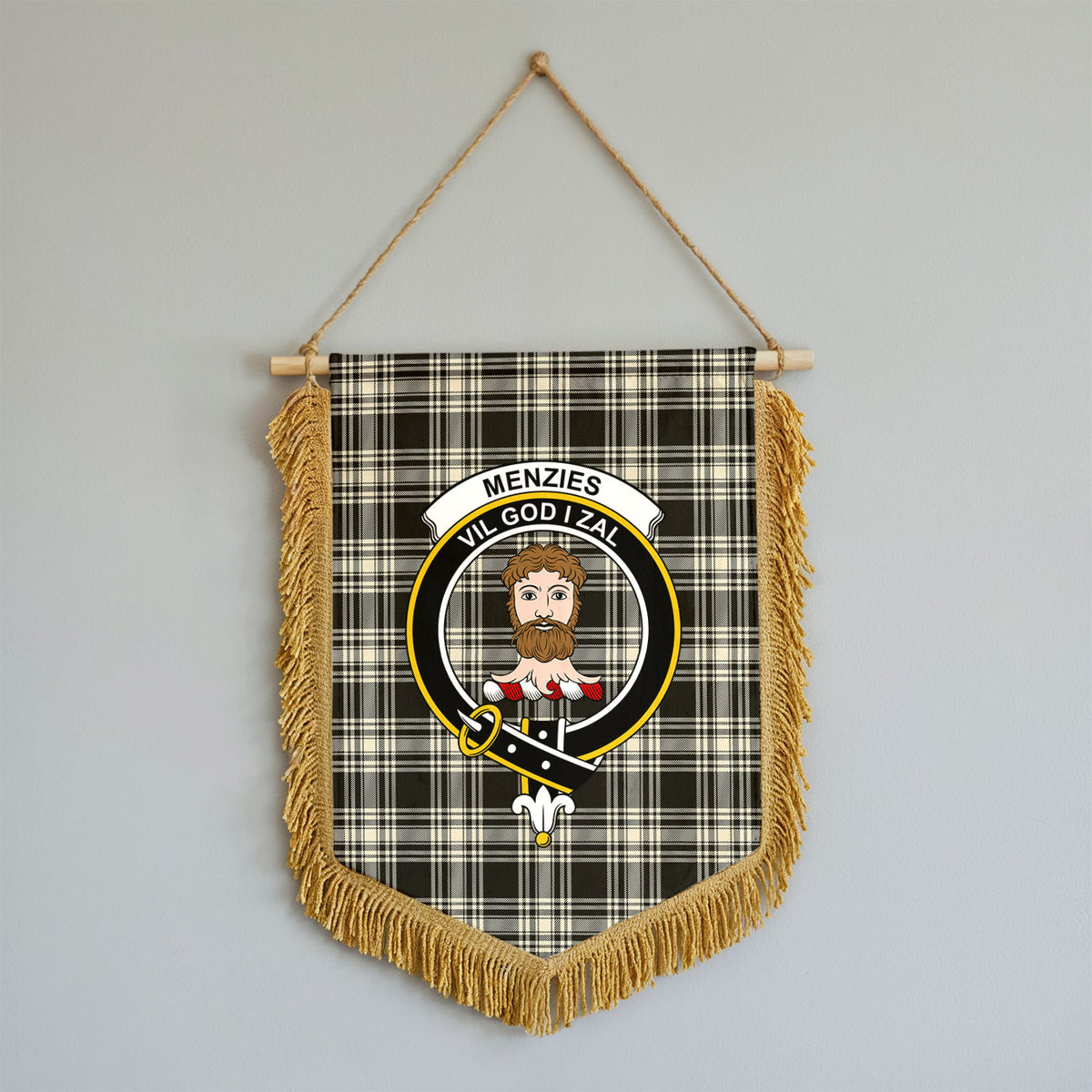 Menzies Black - White Ancient Tartan Crest Wall Hanging Banner - Wood Pole
