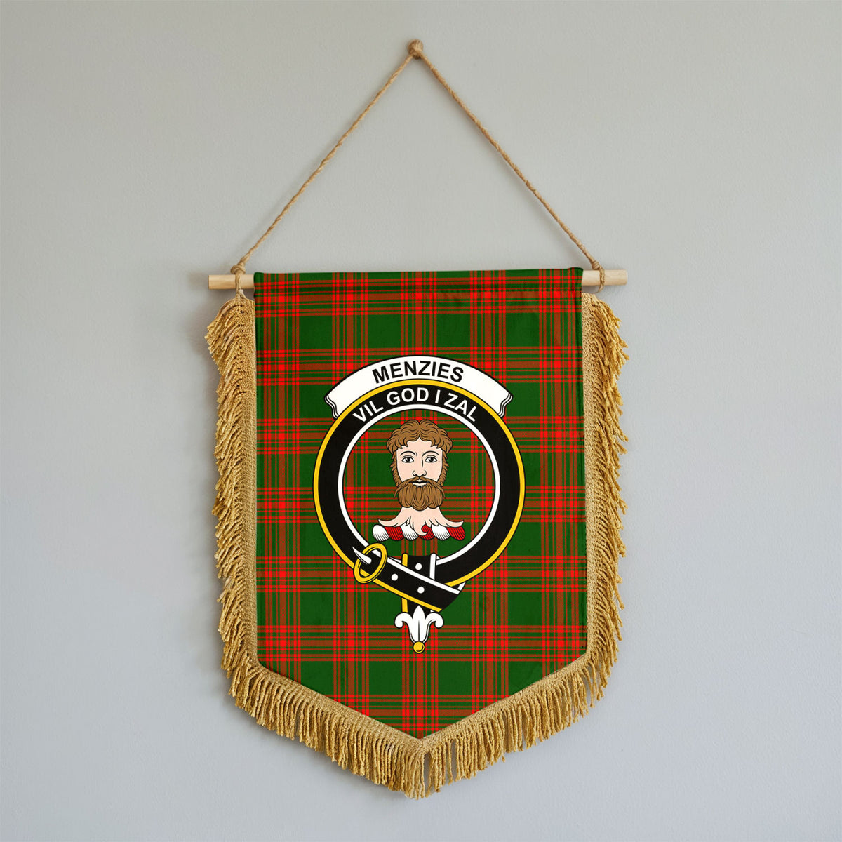 Menzies Green Modern Tartan Crest Wall Hanging Banner - Wood Pole