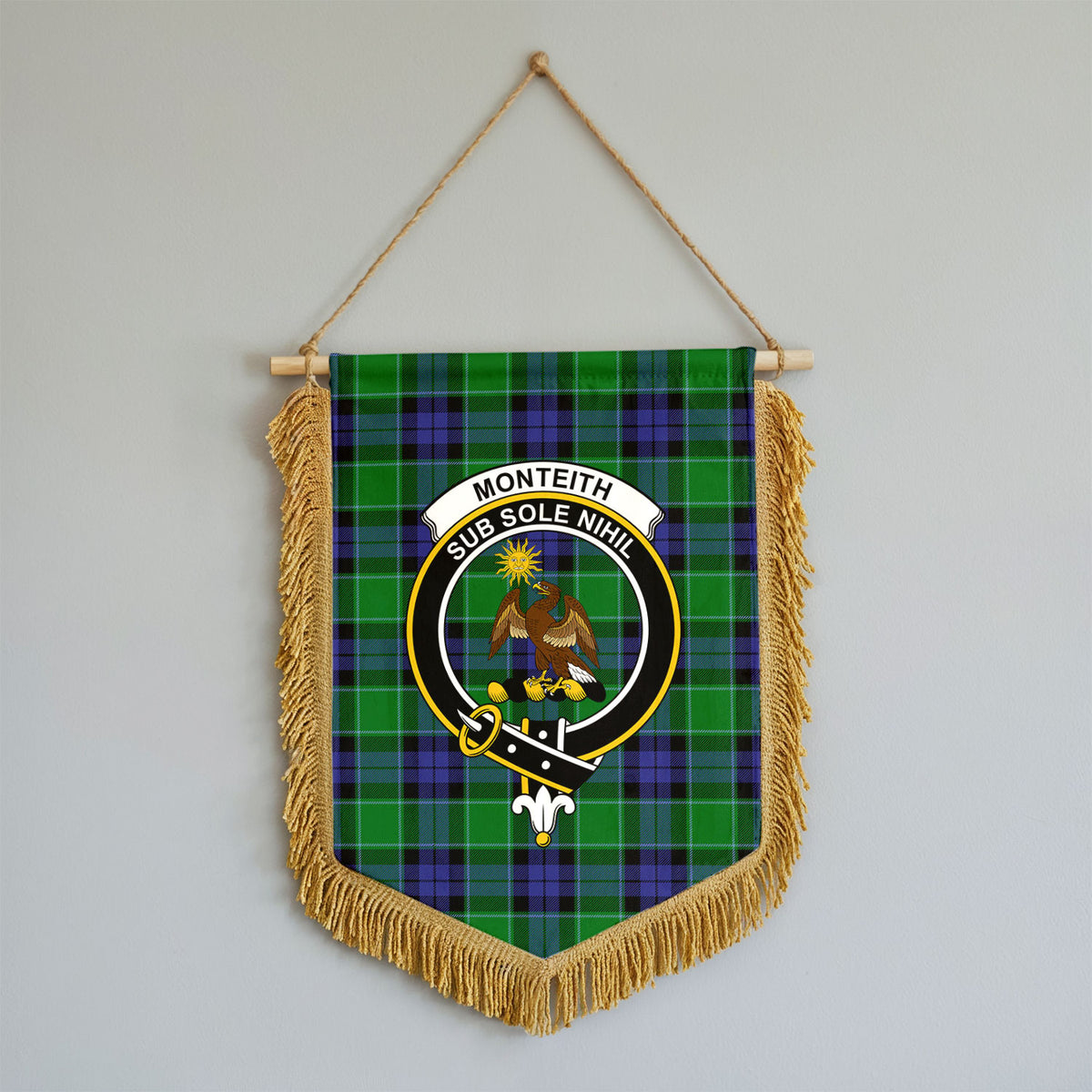 Monteith Tartan Crest Wall Hanging Banner - Wood Pole
