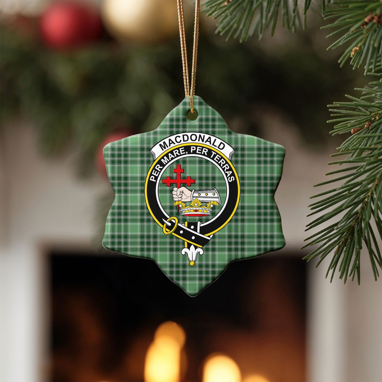 MacDonald Lord of the Isles Hunting Tartan Crest Christmas Ceramic Ornament