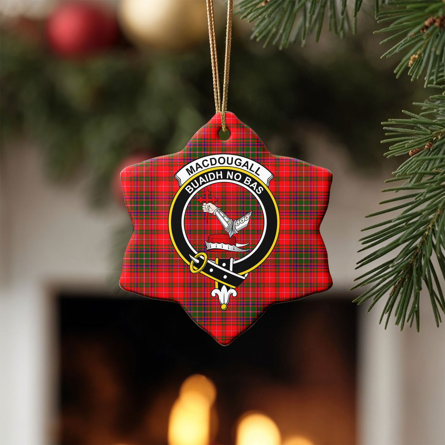 MacDougall Modern Tartan Crest Christmas Ceramic Ornament