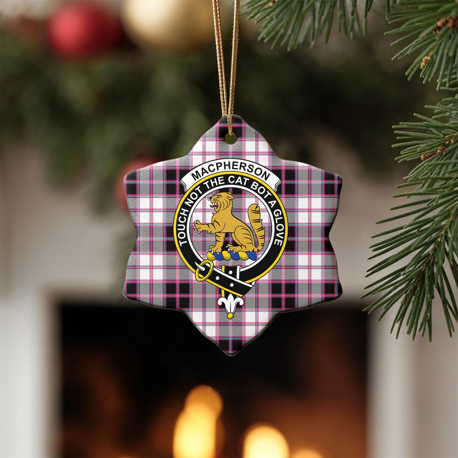 MacPherson Hunting Modern Tartan Crest Christmas Ceramic Ornament