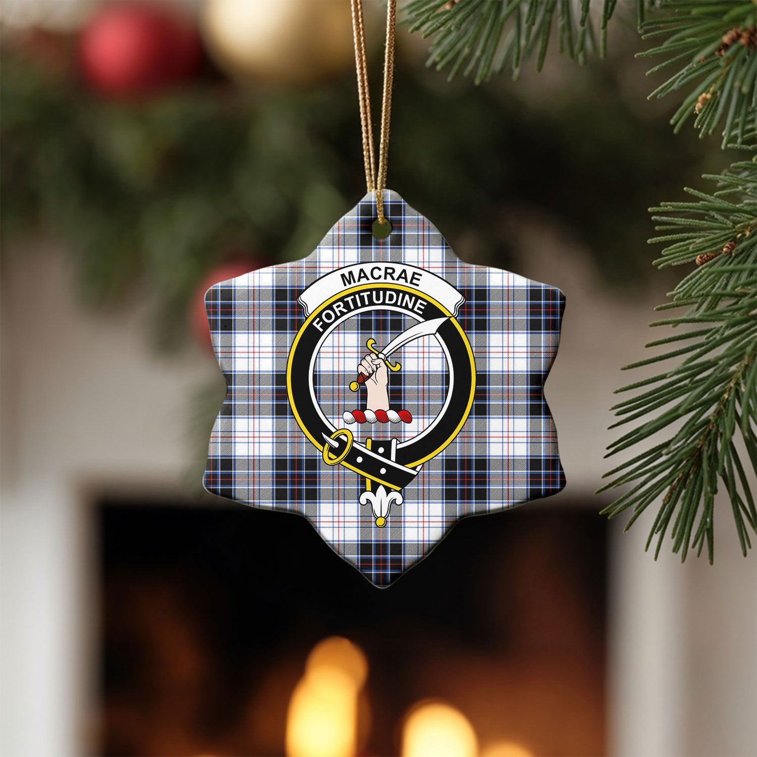 MacRae Dress Modern Tartan Crest Christmas Ceramic Ornament