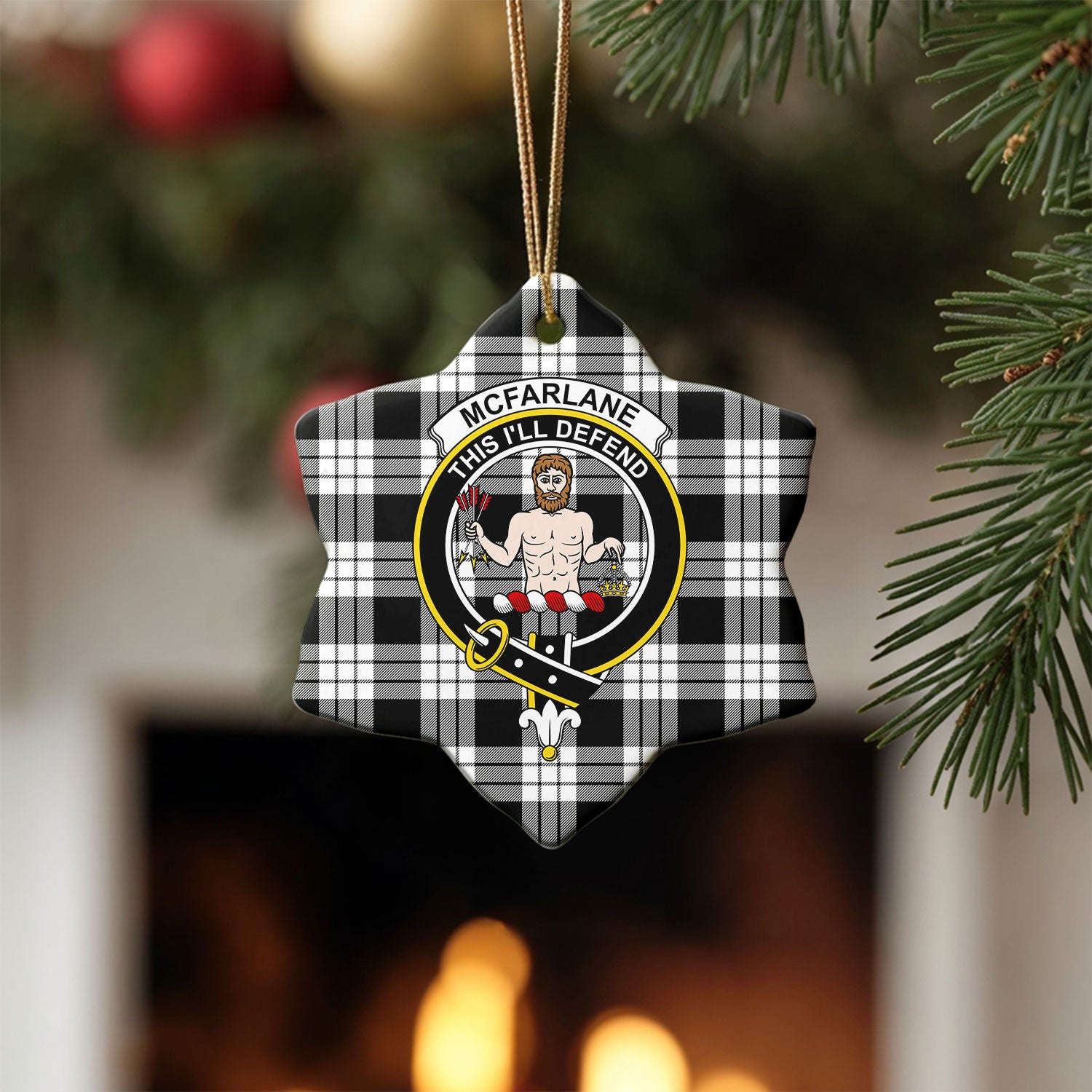 McFarlane Black - White Tartan Crest Christmas Ceramic Ornament