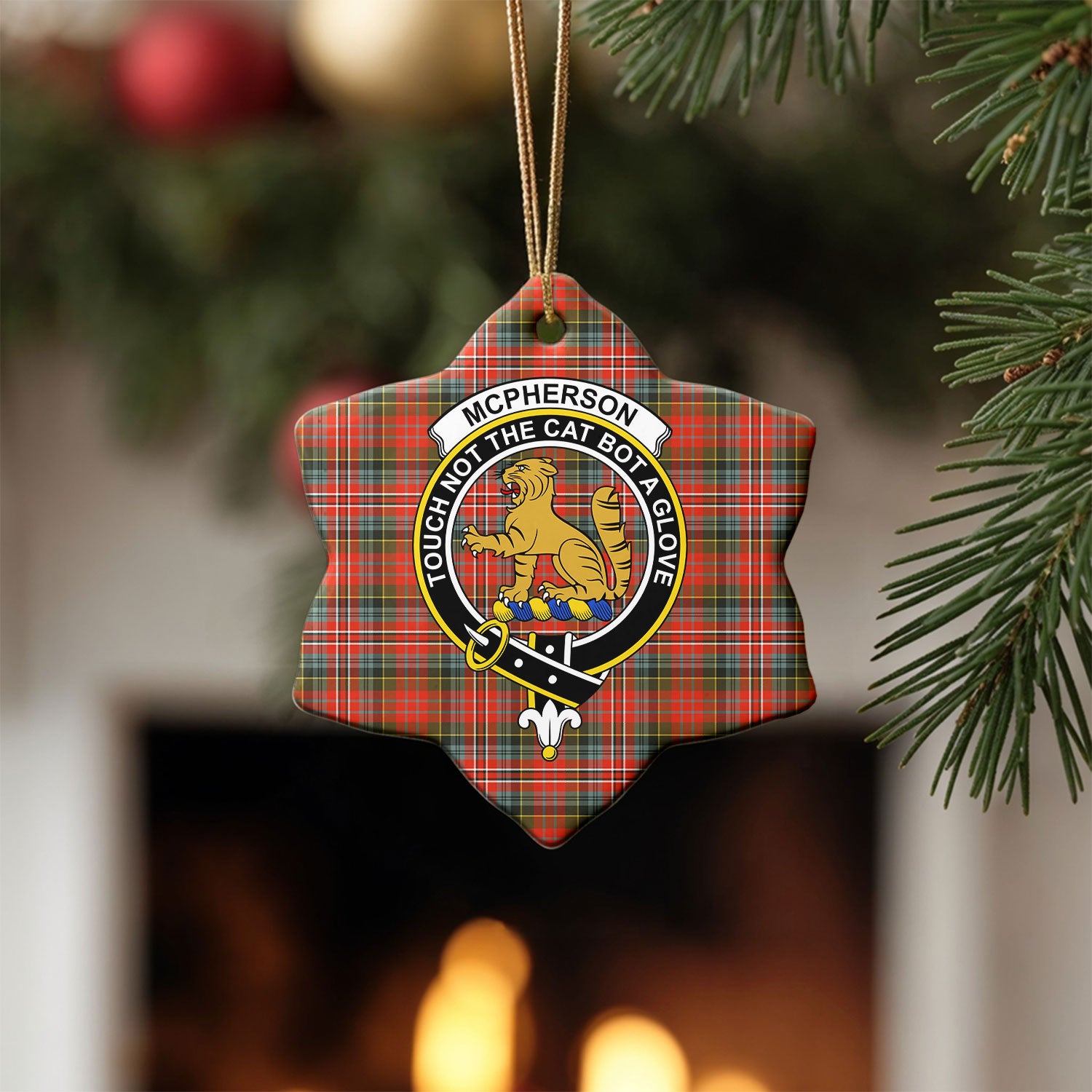 McPherson Weathered Tartan Crest Christmas Ceramic Ornament