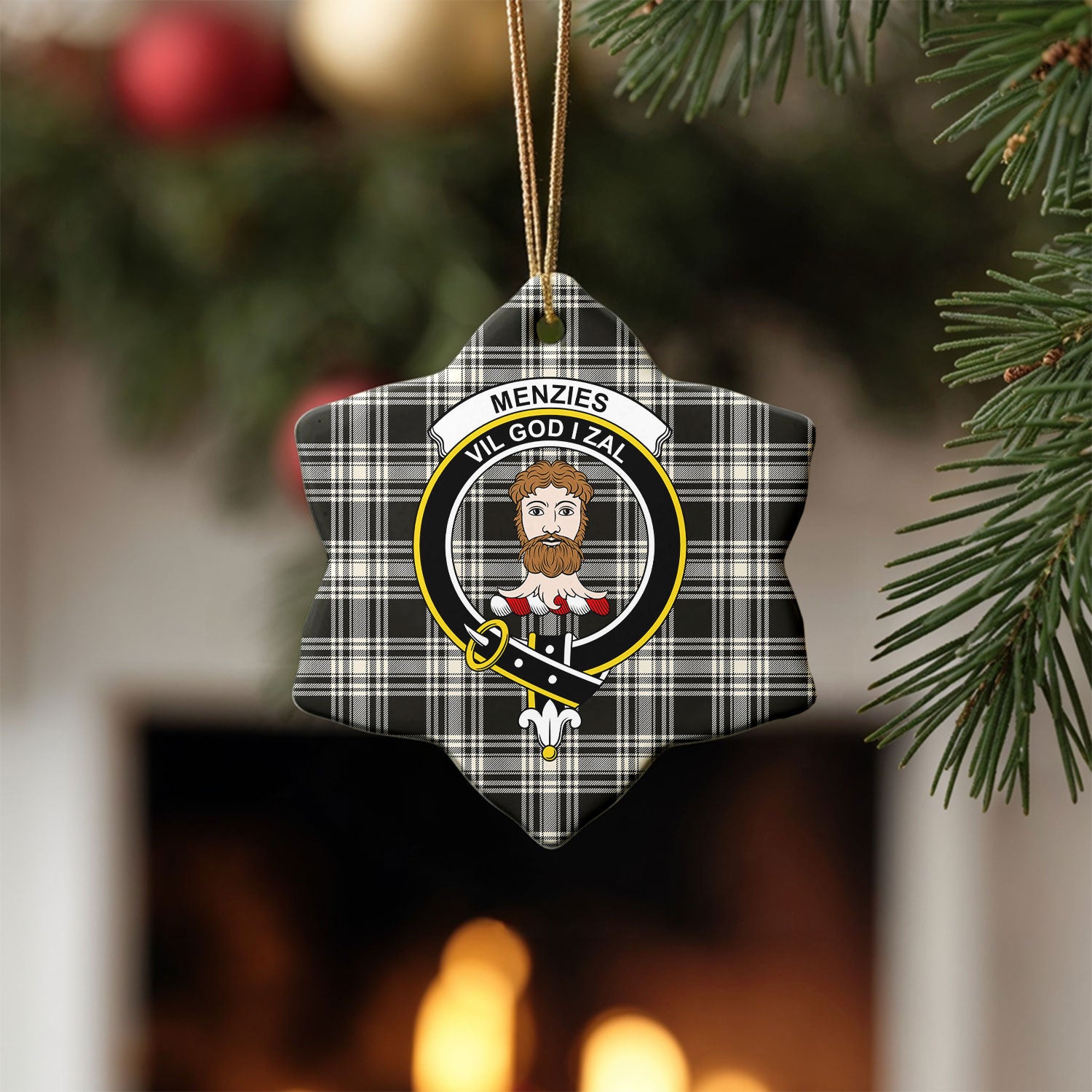 Menzies Black - White Ancient Tartan Crest Christmas Ceramic Ornament