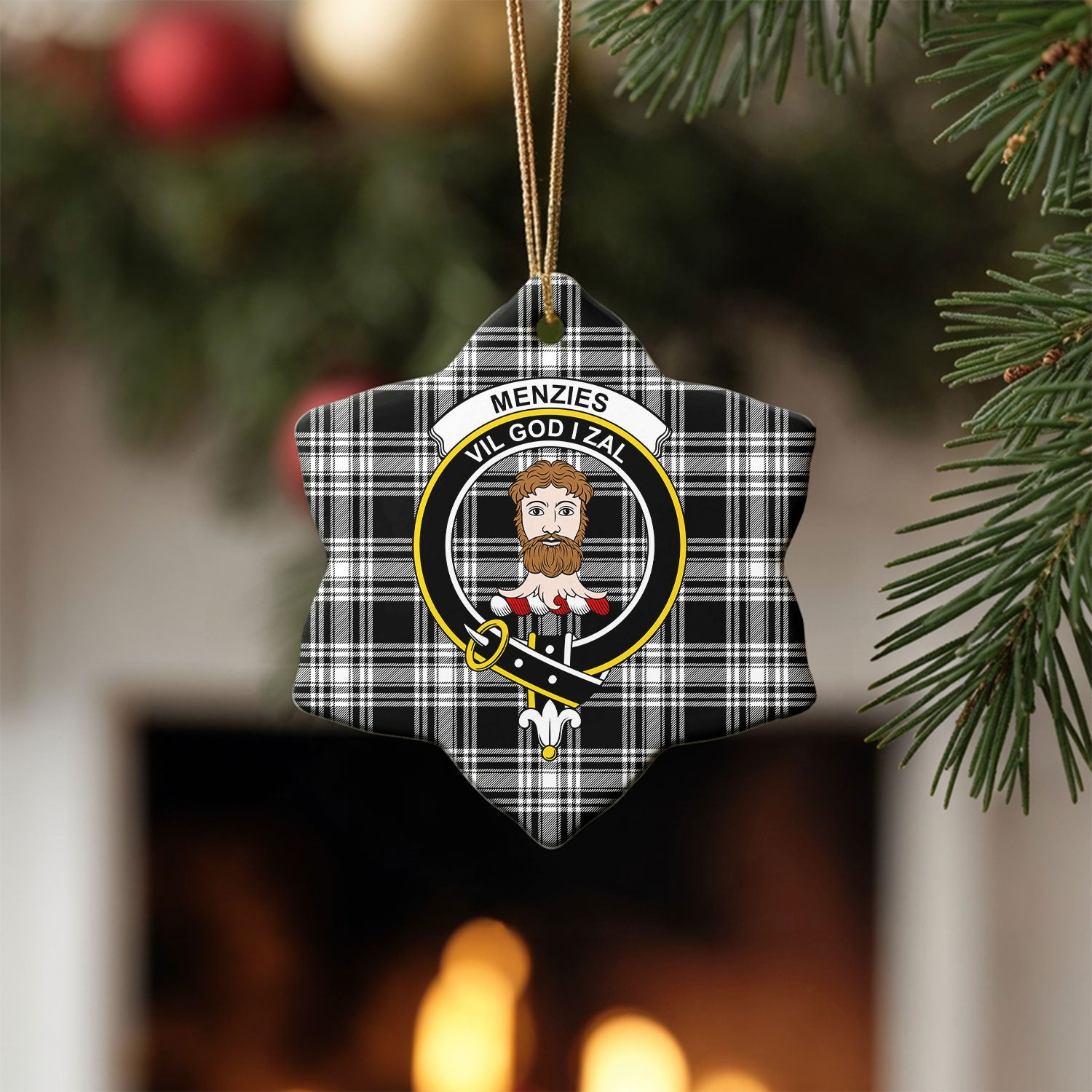 Menzies Black - White Modern Tartan Crest Christmas Ceramic Ornament