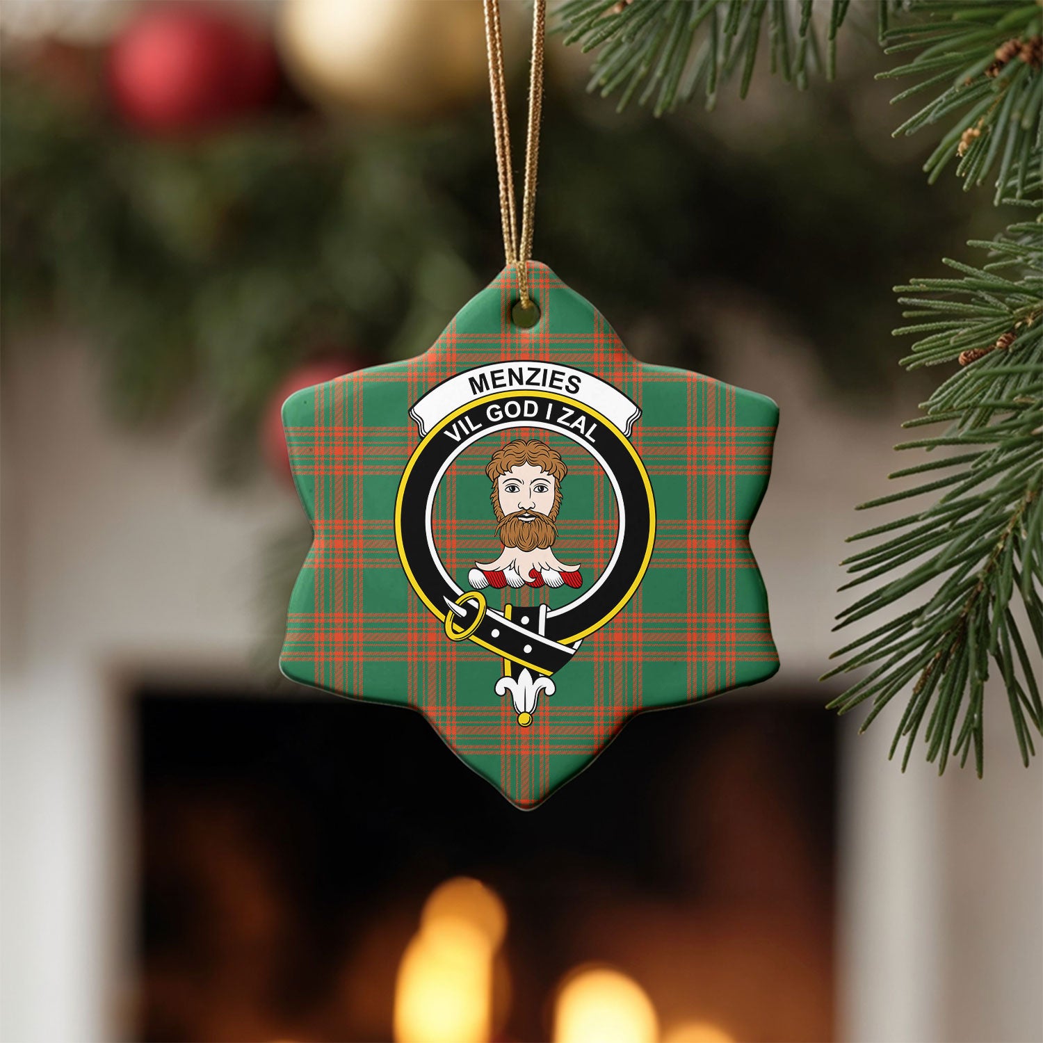 Menzies Green Ancient Tartan Crest Christmas Ceramic Ornament