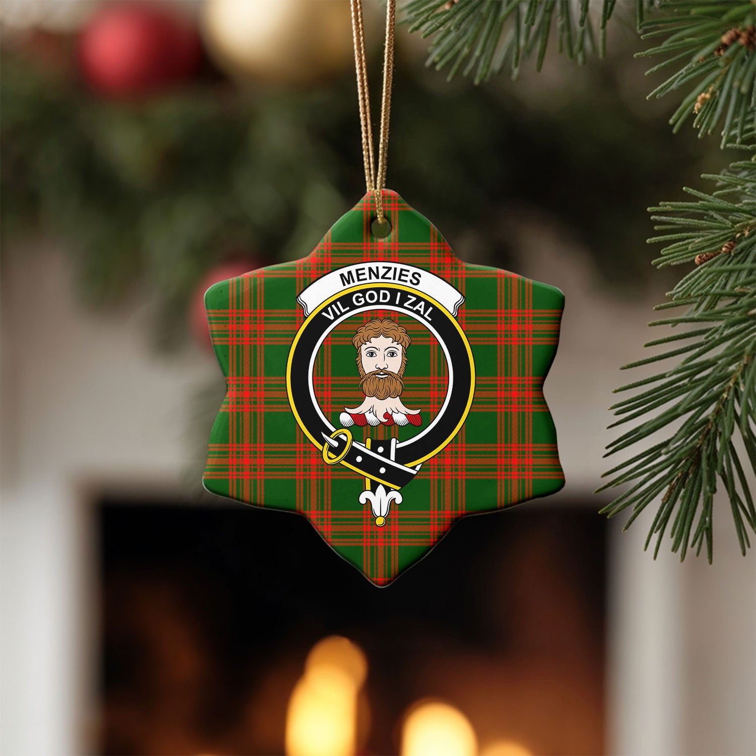 Menzies Green Modern Tartan Crest Christmas Ceramic Ornament