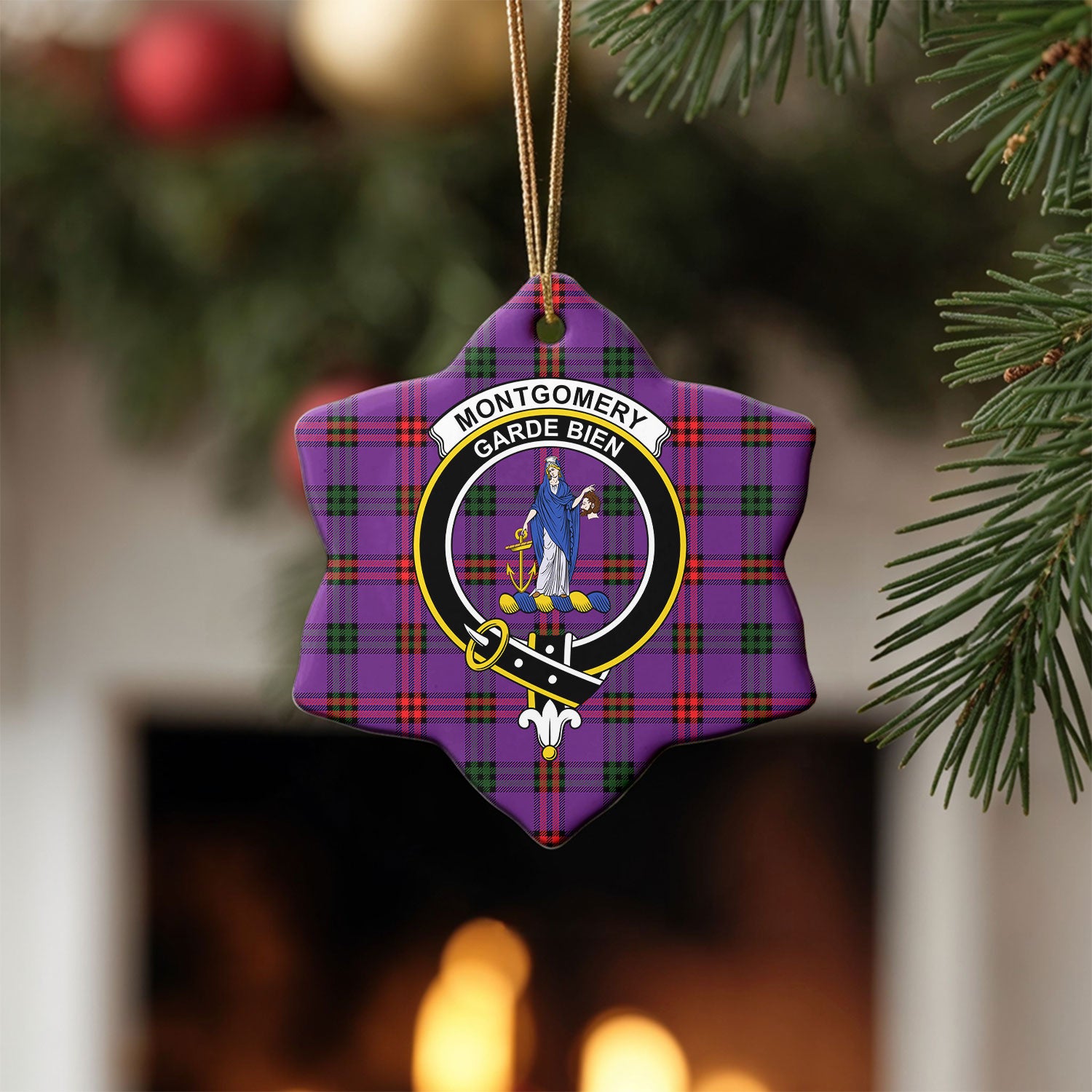 Montgomery Modern Tartan Crest Christmas Ceramic Ornament