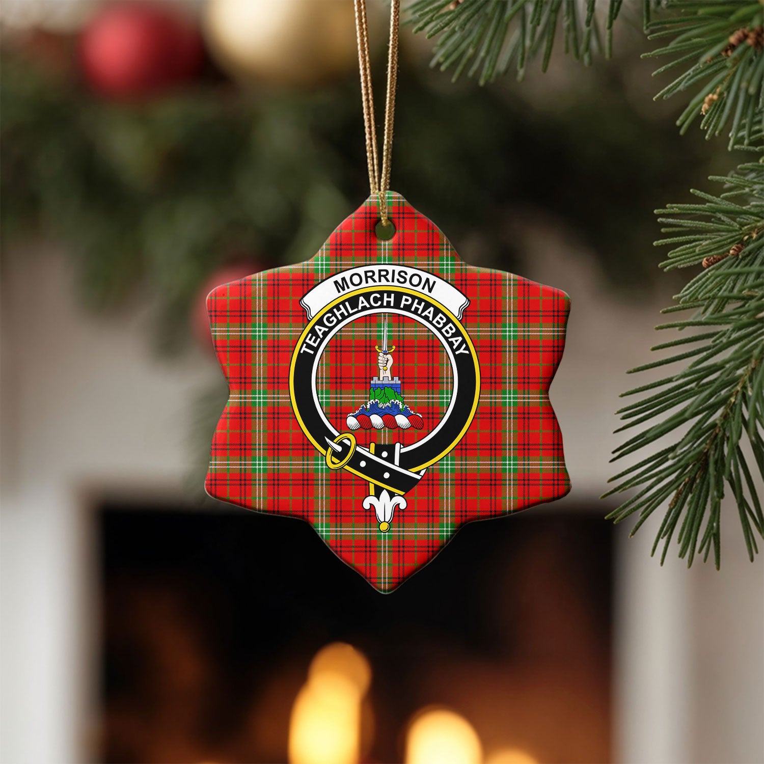 Morrison Red Modern Tartan Crest Christmas Ceramic Ornament