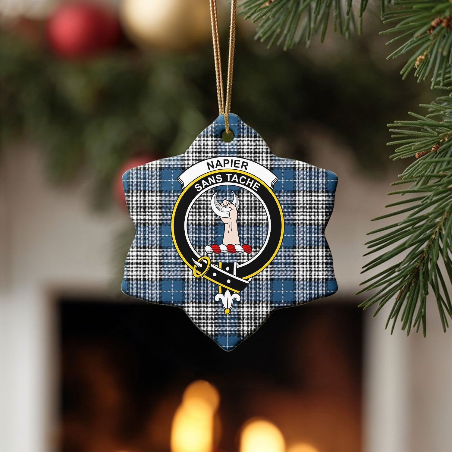 Napier Modern Tartan Crest Christmas Ceramic Ornament