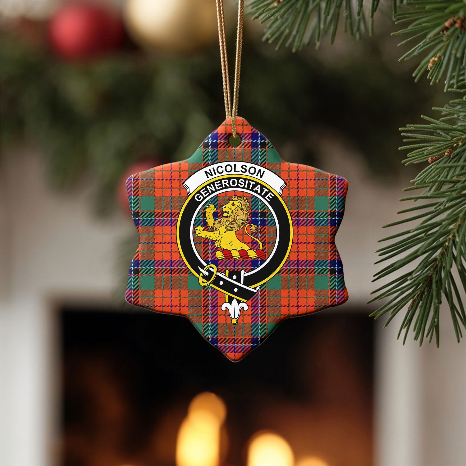 Nicolson Ancient Old Tartan Crest Christmas Ceramic Ornament