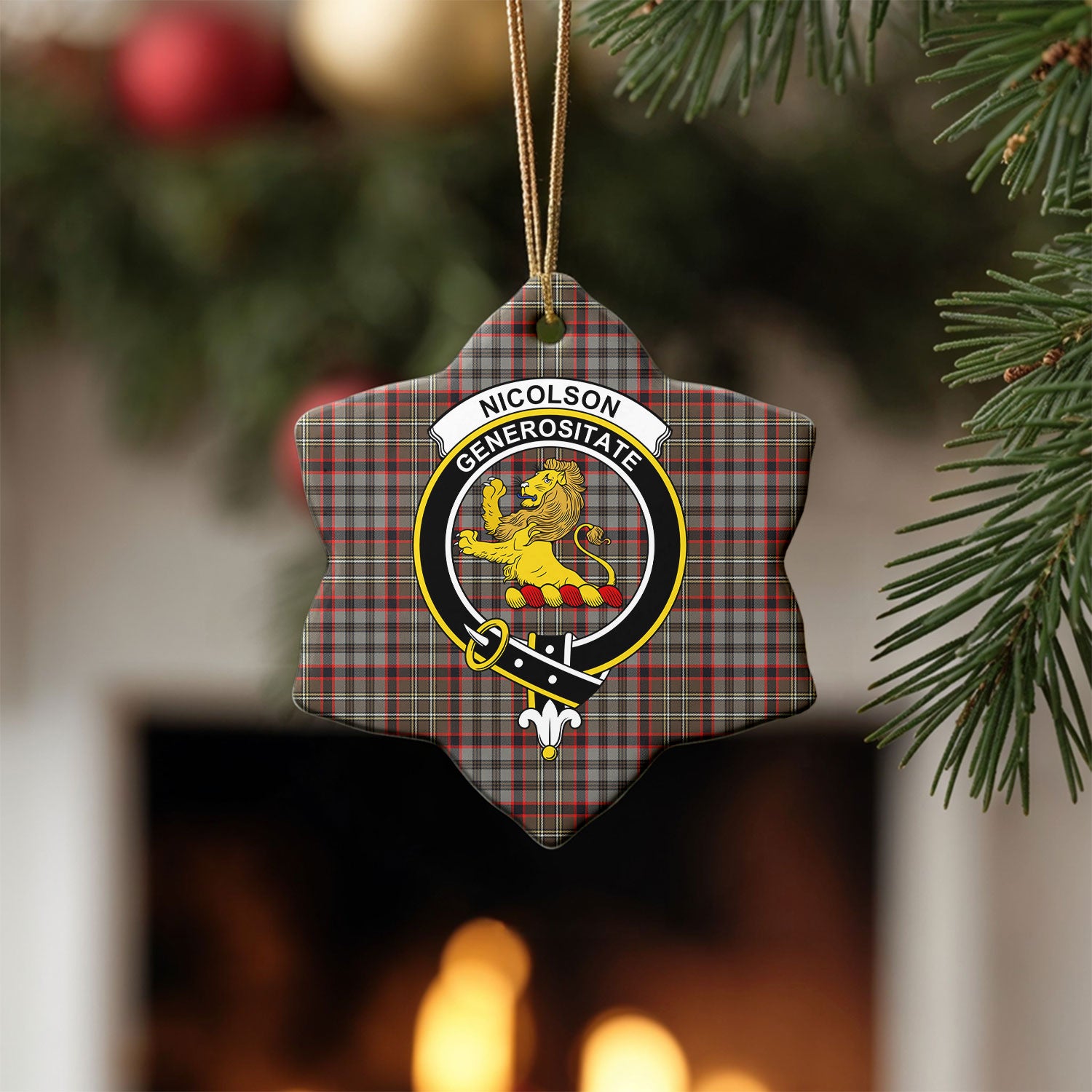 Nicolson Hunting Weathered Tartan Crest Christmas Ceramic Ornament