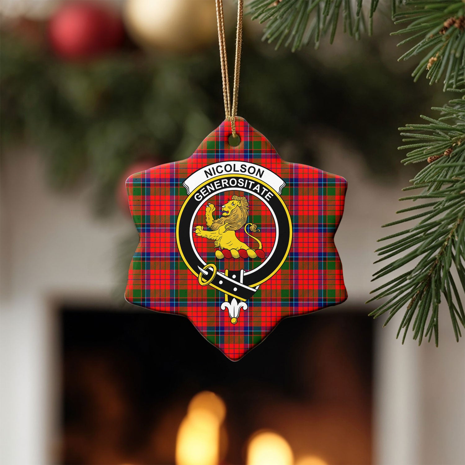 Nicolson Modern Tartan Crest Christmas Ceramic Ornament