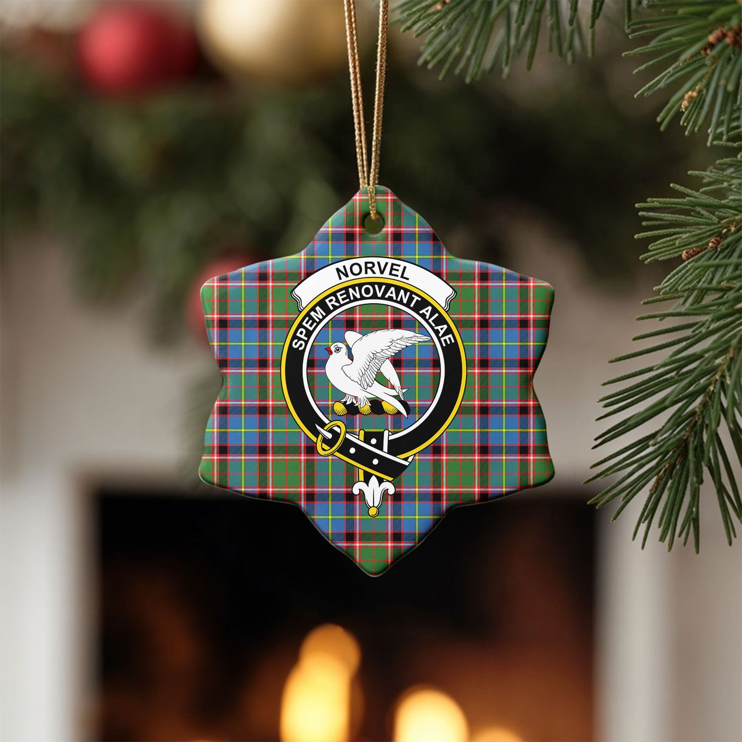 Norvel (or Norvill) Tartan Crest Christmas Ceramic Ornament